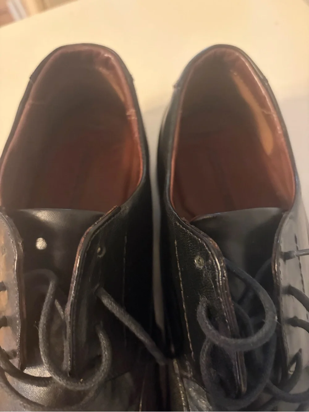 Johnston & Murphy Black Leather Lace-Up Derbys with Burgundy Lining